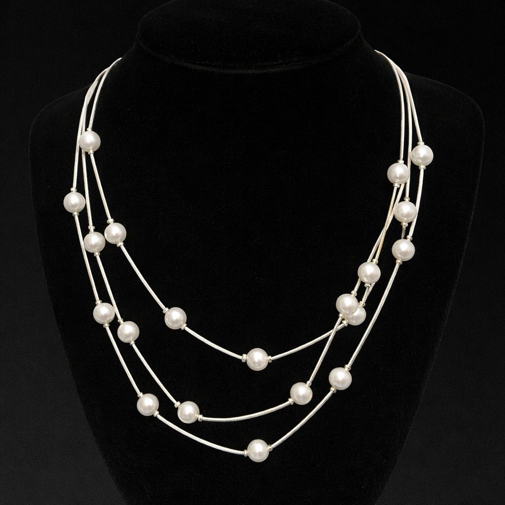 Women Triple Strand Faux Pearl Necklace Silver Tone Layered Snake Chain Dainty
